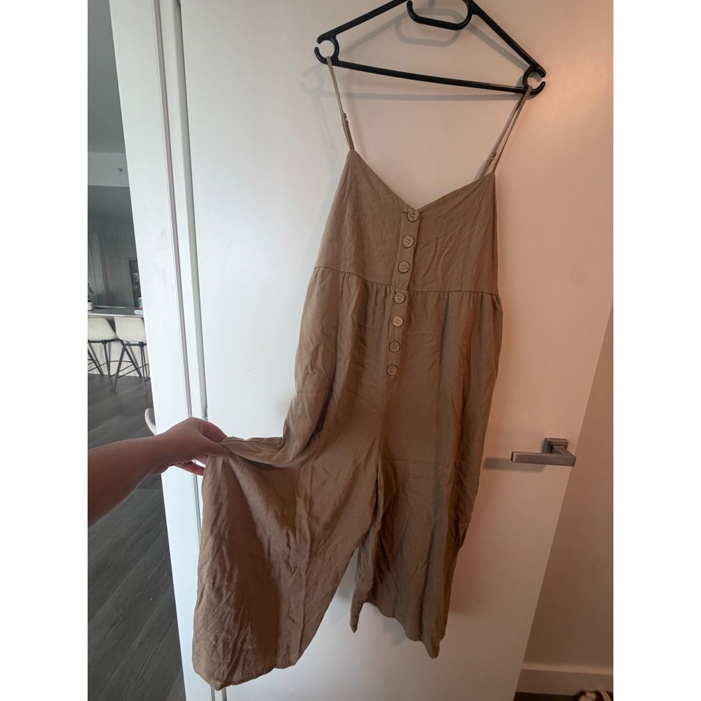 Tan Linen Blend Button Front Wide Leg Jumpsuit Adjustable Straps Khaki